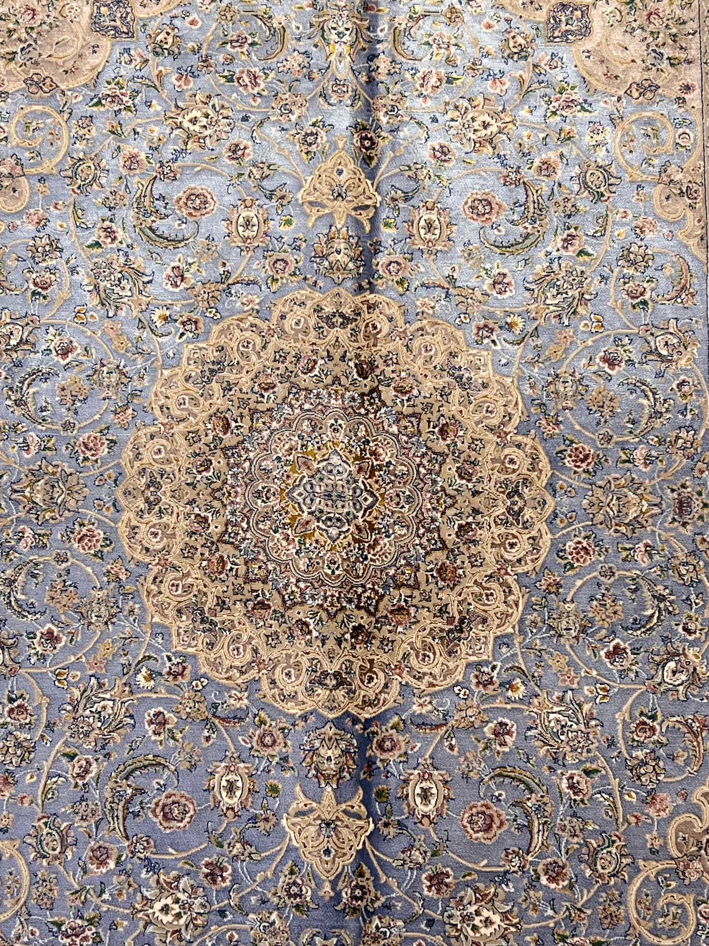 3x5 ft Light Blue & Beige Bamboo Silk Rug – Ornate Floral Medallion Design, Elegant Classic Silk Area Rug