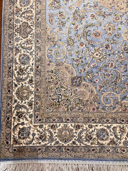 3x5 ft Light Blue & Beige Bamboo Silk Rug – Ornate Floral Medallion Design, Elegant Classic Silk Area Rug