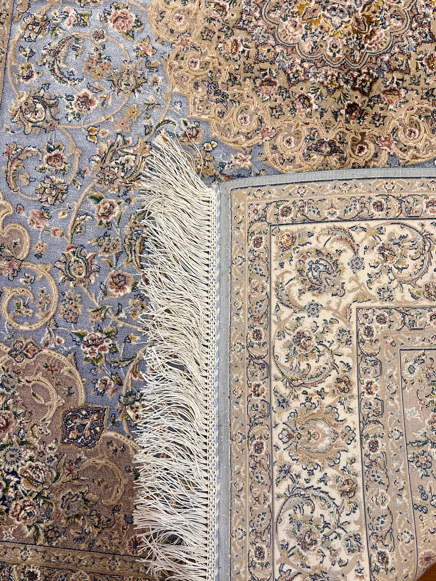 3x5 ft Light Blue & Beige Bamboo Silk Rug – Ornate Floral Medallion Design, Elegant Classic Silk Area Rug