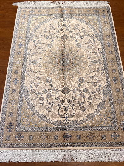 3x5 ft Ivory & Beige Bamboo Silk Rug – Classic Floral Medallion Design, Soft Blue Accents, Elegant Silk Area Rug