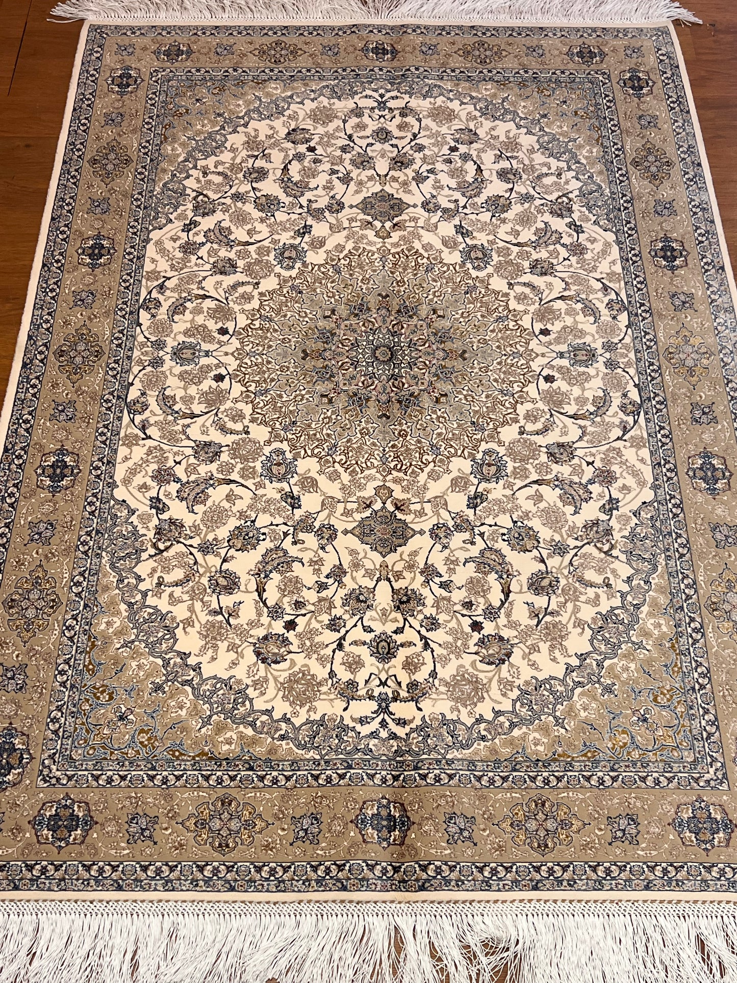 3x5 ft Ivory & Beige Bamboo Silk Rug – Classic Floral Medallion Design, Soft Blue Accents, Elegant Silk Area Rug