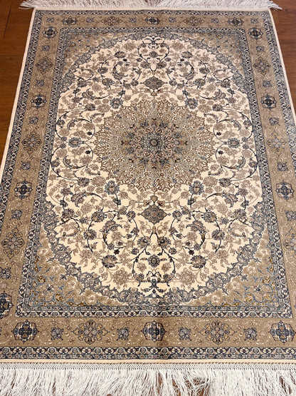 3x5 ft Ivory & Beige Bamboo Silk Rug – Classic Floral Medallion Design, Soft Blue Accents, Elegant Silk Area Rug