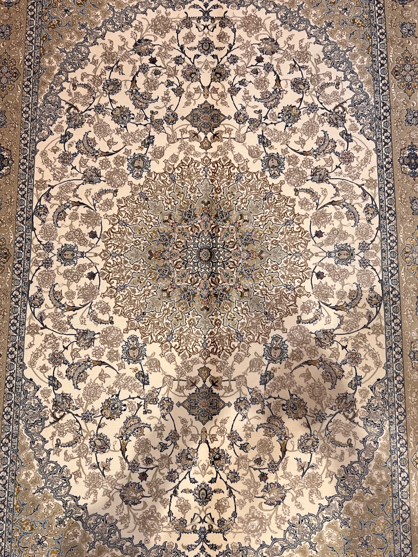 3x5 ft Ivory & Beige Bamboo Silk Rug – Classic Floral Medallion Design, Soft Blue Accents, Elegant Silk Area Rug