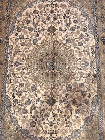 3x5 ft Ivory & Beige Bamboo Silk Rug – Classic Floral Medallion Design, Soft Blue Accents, Elegant Silk Area Rug