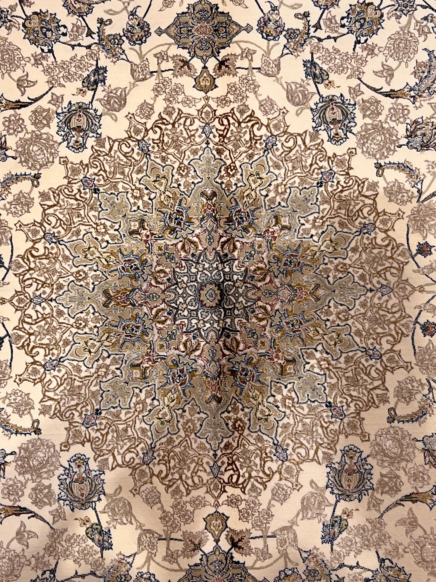 3x5 ft Ivory & Beige Bamboo Silk Rug – Classic Floral Medallion Design, Soft Blue Accents, Elegant Silk Area Rug
