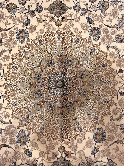 3x5 ft Ivory & Beige Bamboo Silk Rug – Classic Floral Medallion Design, Soft Blue Accents, Elegant Silk Area Rug