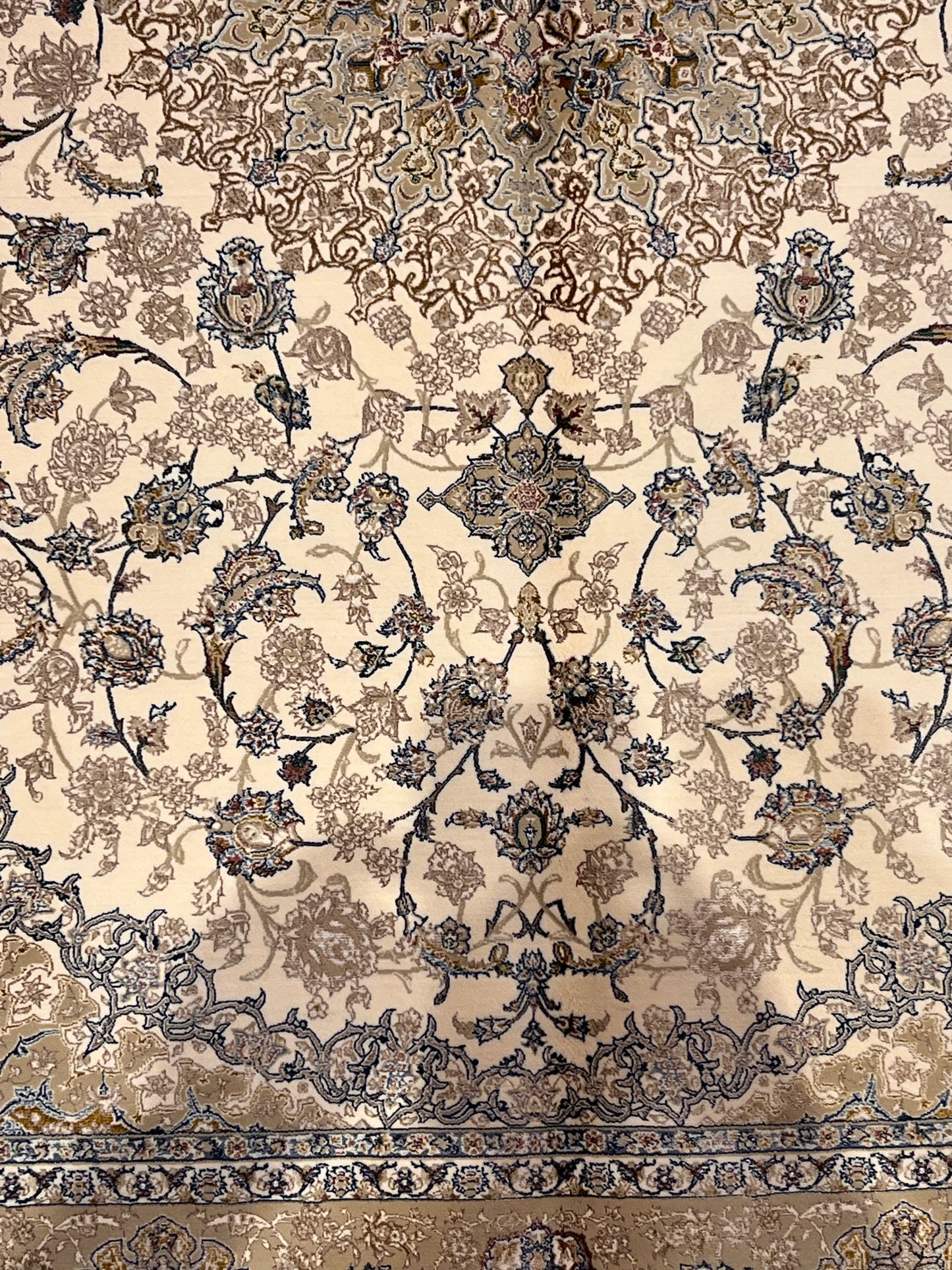 3x5 ft Ivory & Beige Bamboo Silk Rug – Classic Floral Medallion Design, Soft Blue Accents, Elegant Silk Area Rug