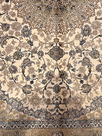 3x5 ft Ivory & Beige Bamboo Silk Rug – Classic Floral Medallion Design, Soft Blue Accents, Elegant Silk Area Rug