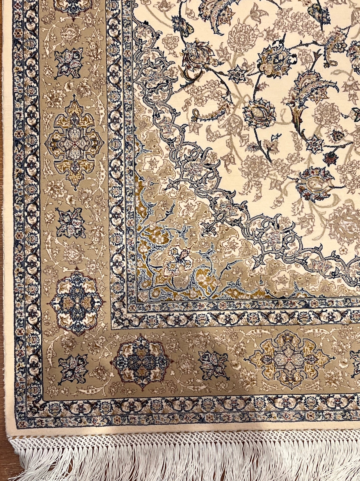3x5 ft Ivory & Beige Bamboo Silk Rug – Classic Floral Medallion Design, Soft Blue Accents, Elegant Silk Area Rug