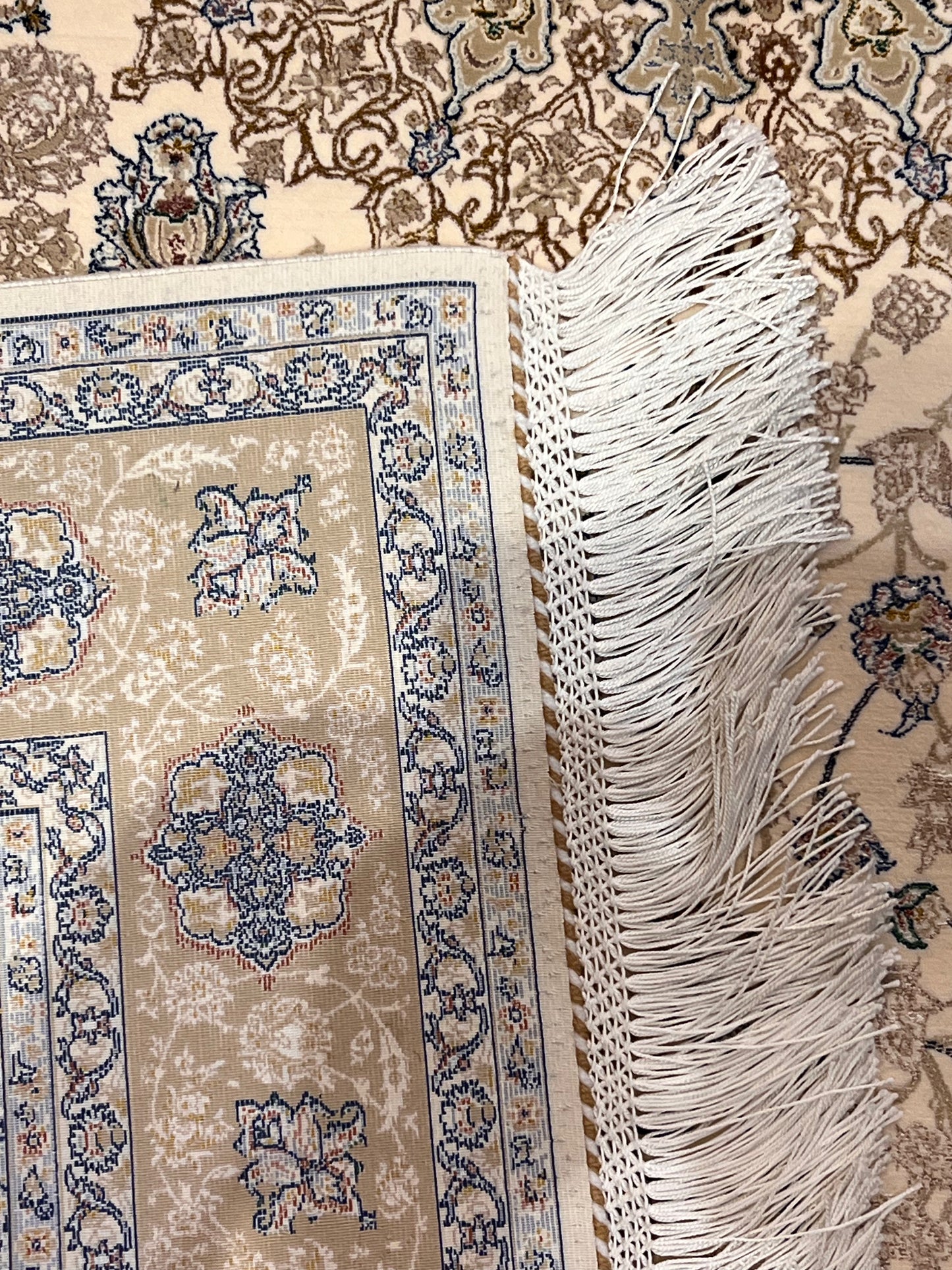 3x5 ft Ivory & Beige Bamboo Silk Rug – Classic Floral Medallion Design, Soft Blue Accents, Elegant Silk Area Rug