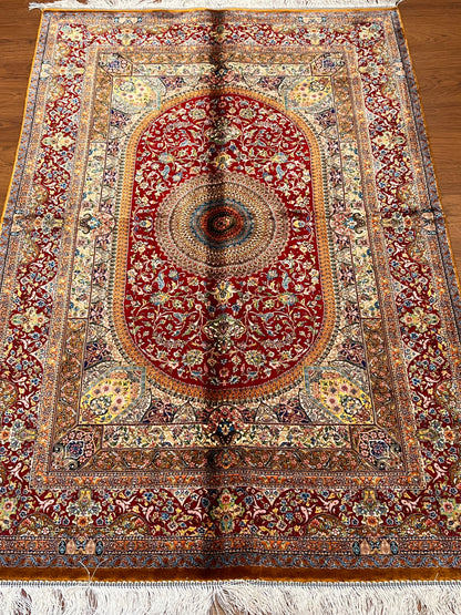 3’×5’ Luxury Red Silk Rug – Elegant Floral Medallion Design with Rich Traditional Details