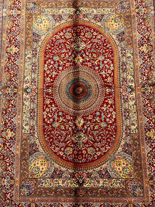 3’×5’ Luxury Red Silk Rug – Elegant Floral Medallion Design with Rich Traditional Details