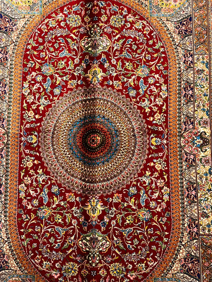 3’×5’ Luxury Red Silk Rug – Elegant Floral Medallion Design with Rich Traditional Details