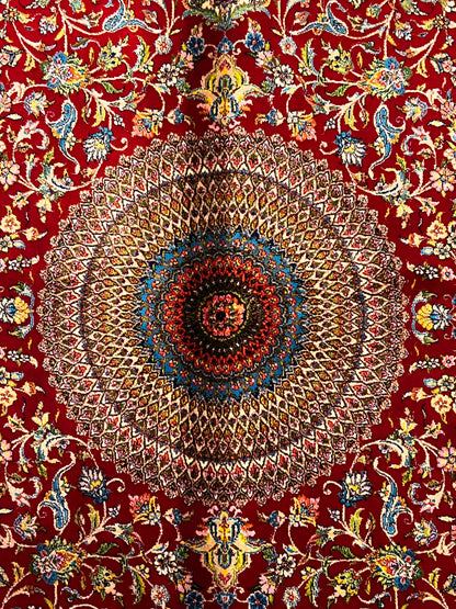 3’×5’ Luxury Red Silk Rug – Elegant Floral Medallion Design with Rich Traditional Details