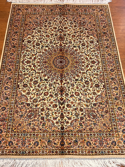 Ivory Bamboo Silk Rug 3x5 ft – Elegant Floral Medallion Silk Area Rug with Classic Ornamental Design