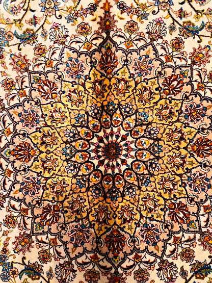 Ivory Bamboo Silk Rug 3x5 ft – Elegant Floral Medallion Silk Area Rug with Classic Ornamental Design