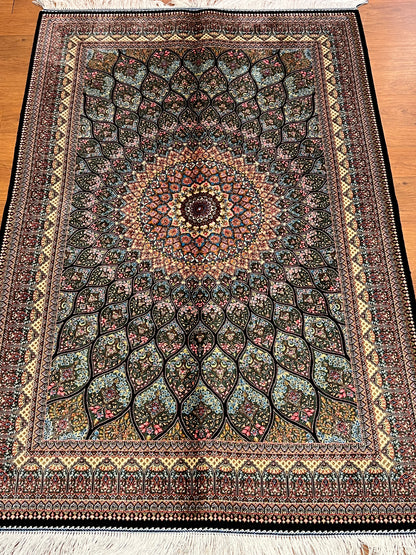 Olive Green Bamboo Silk Rug 3x5 ft – Radiant Floral Medallion Silk Area Rug with Intricate Botanical Design