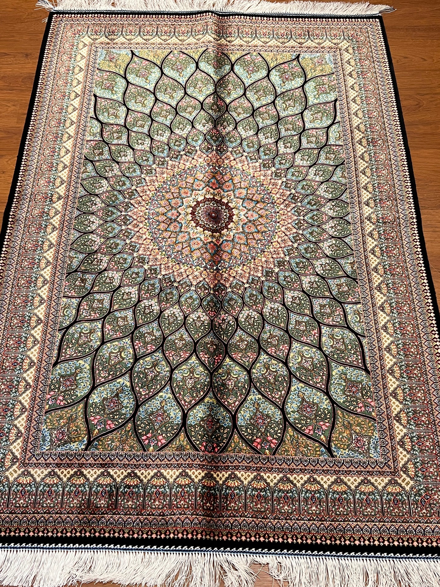 Olive Green Bamboo Silk Rug 3x5 ft – Radiant Floral Medallion Silk Area Rug with Intricate Botanical Design