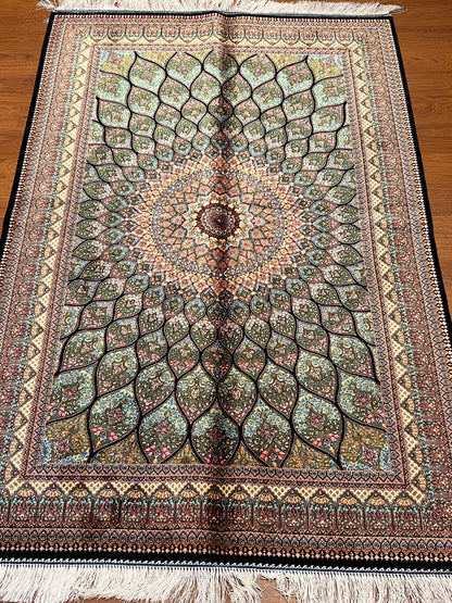 Olive Green Bamboo Silk Rug 3x5 ft – Radiant Floral Medallion Silk Area Rug with Intricate Botanical Design