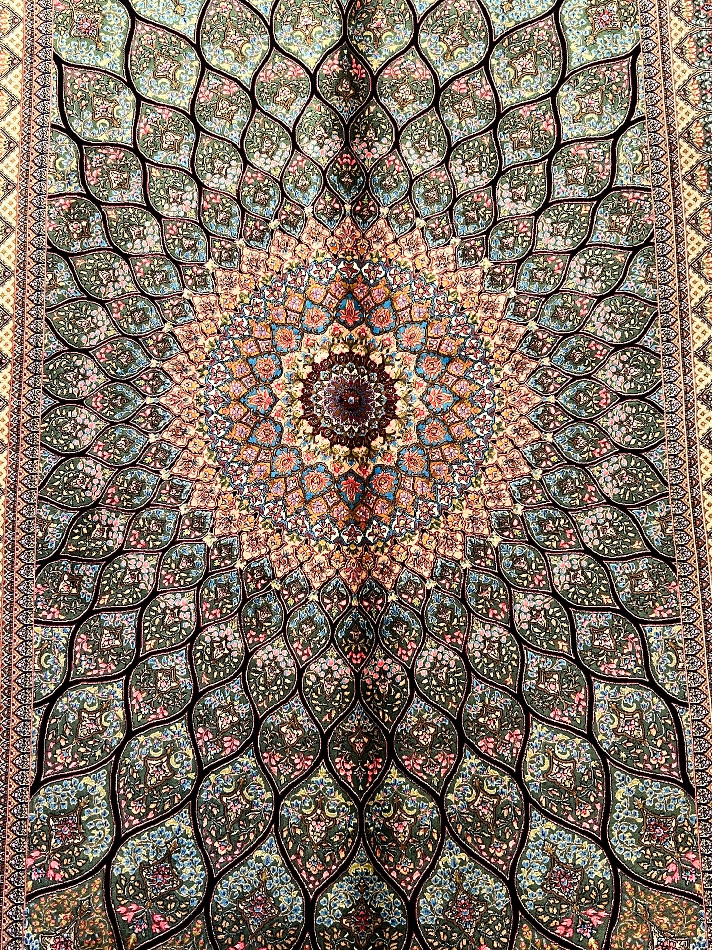 Olive Green Bamboo Silk Rug 3x5 ft – Radiant Floral Medallion Silk Area Rug with Intricate Botanical Design