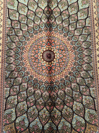 Olive Green Bamboo Silk Rug 3x5 ft – Radiant Floral Medallion Silk Area Rug with Intricate Botanical Design