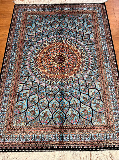 Light Blue Bamboo Silk Rug 3x5 ft – Radiant Floral Medallion Silk Area Rug with Elegant Ornamental Design