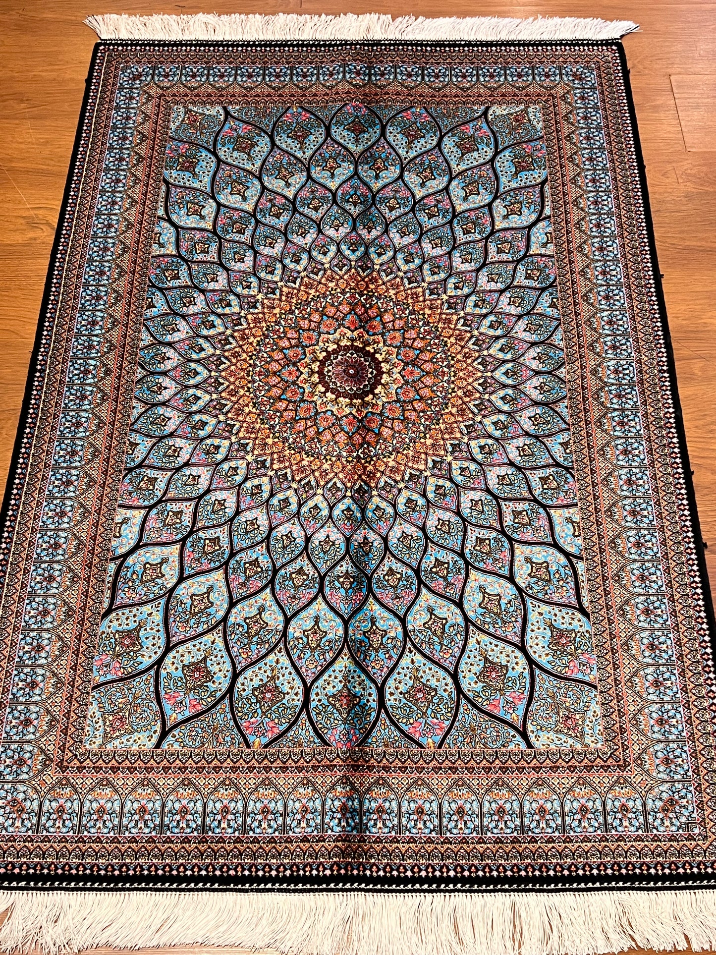 Light Blue Bamboo Silk Rug 3x5 ft – Radiant Floral Medallion Silk Area Rug with Elegant Ornamental Design