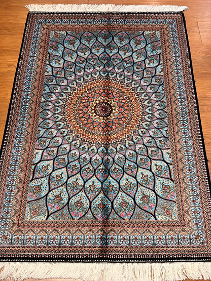 Light Blue Bamboo Silk Rug 3x5 ft – Radiant Floral Medallion Silk Area Rug with Elegant Ornamental Design