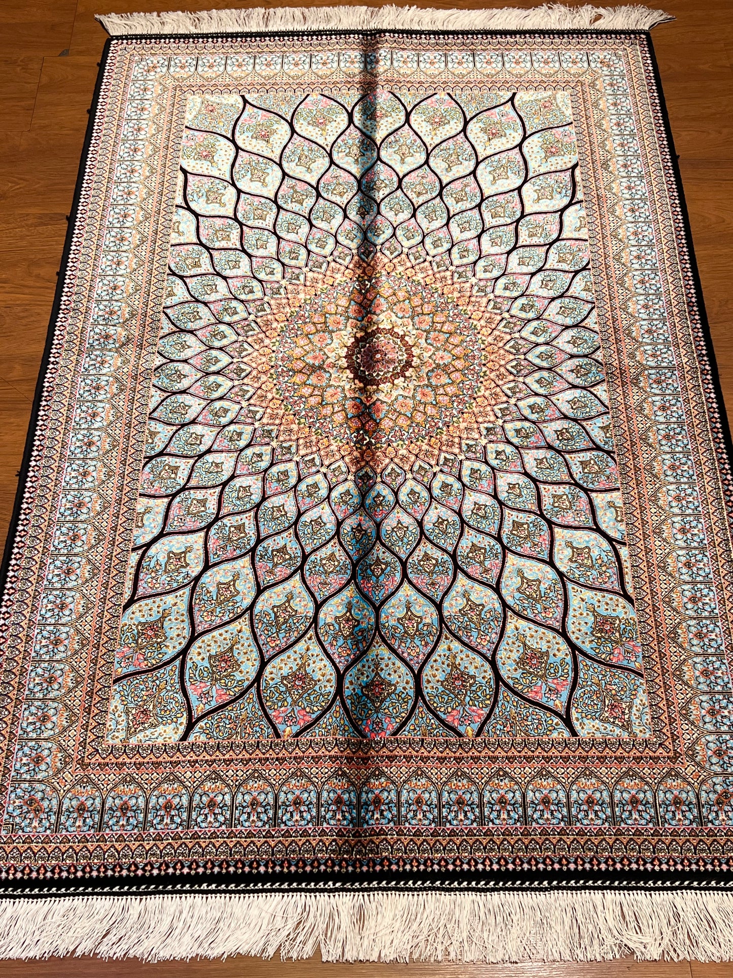 Light Blue Bamboo Silk Rug 3x5 ft – Radiant Floral Medallion Silk Area Rug with Elegant Ornamental Design