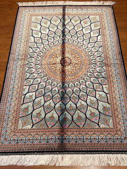 Light Blue Bamboo Silk Rug 3x5 ft – Radiant Floral Medallion Silk Area Rug with Elegant Ornamental Design