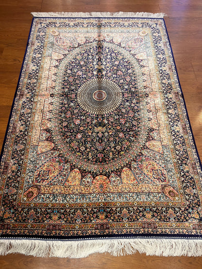 4x6 ft Silk Rug – Navy Blue & Ivory Floral Medallion Area Rug, Elegant Luxury Home Decor
