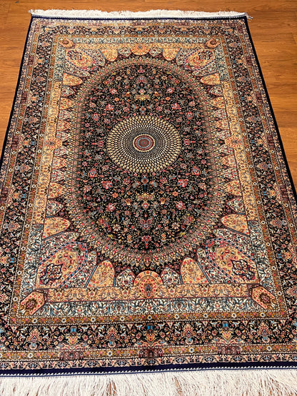 4x6 ft Silk Rug – Navy Blue & Ivory Floral Medallion Area Rug, Elegant Luxury Home Decor