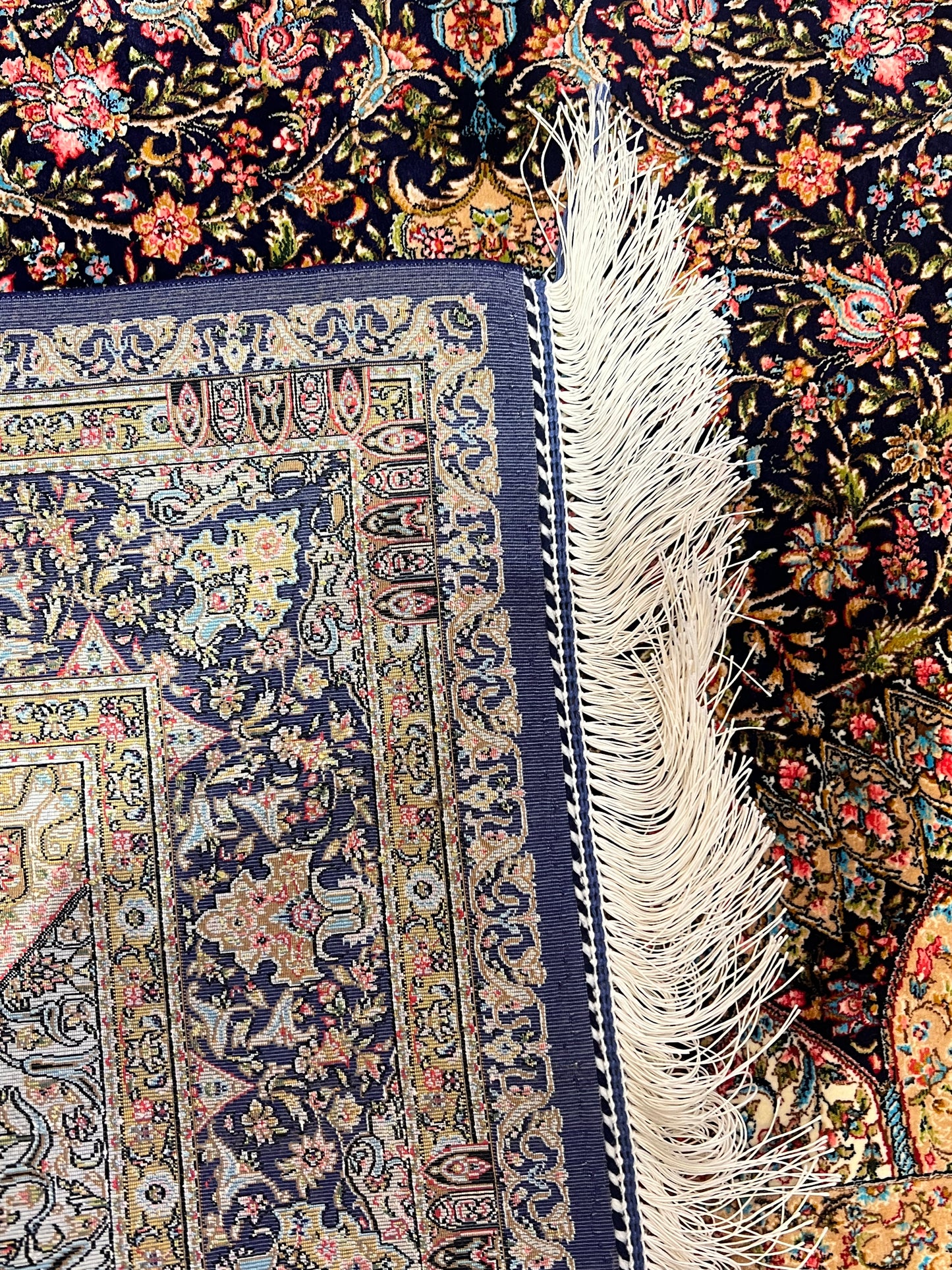4x6 ft Silk Rug – Navy Blue & Ivory Floral Medallion Area Rug, Elegant Luxury Home Decor
