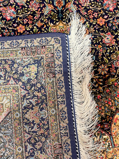 4x6 ft Silk Rug – Navy Blue & Ivory Floral Medallion Area Rug, Elegant Luxury Home Decor