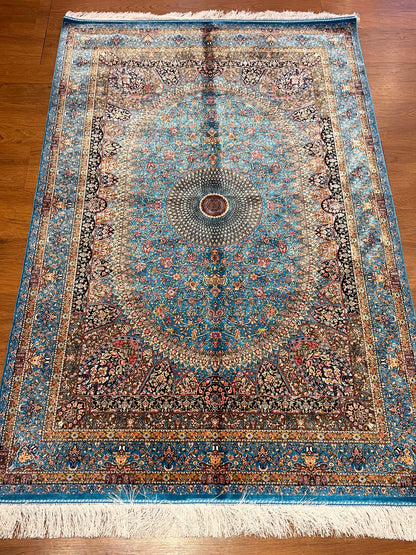 4x6 ft Silk Rug – Turquoise Blue Floral Medallion Area Rug, Elegant Luxury Home Decor