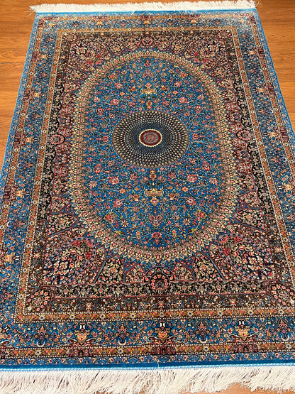 4x6 ft Silk Rug – Turquoise Blue Floral Medallion Area Rug, Elegant Luxury Home Decor