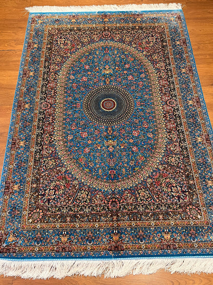 4x6 ft Silk Rug – Turquoise Blue Floral Medallion Area Rug, Elegant Luxury Home Decor