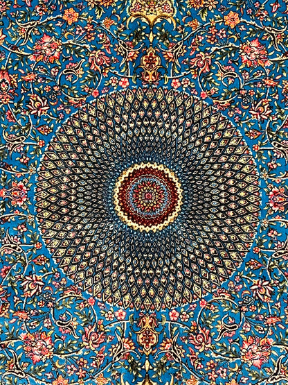 4x6 ft Silk Rug – Turquoise Blue Floral Medallion Area Rug, Elegant Luxury Home Decor