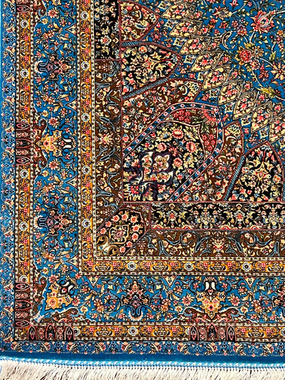 4x6 ft Silk Rug – Turquoise Blue Floral Medallion Area Rug, Elegant Luxury Home Decor