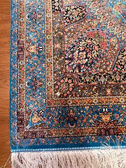 4x6 ft Silk Rug – Turquoise Blue Floral Medallion Area Rug, Elegant Luxury Home Decor