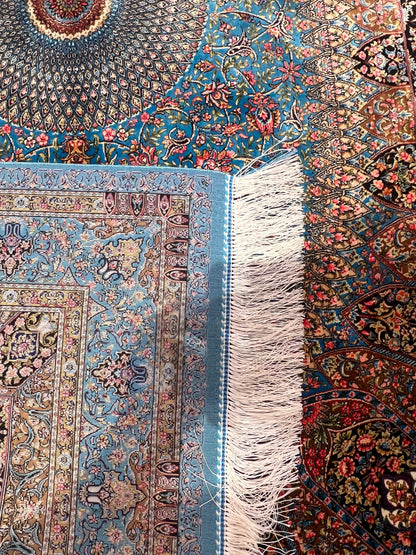 4x6 ft Silk Rug – Turquoise Blue Floral Medallion Area Rug, Elegant Luxury Home Decor