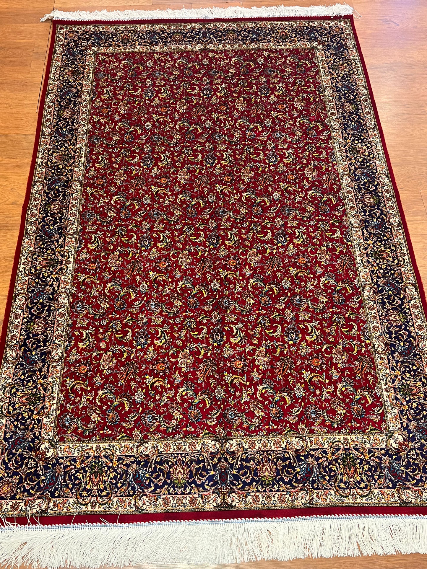 4x6 ft Silk Rug – Deep Red & Navy Floral Area Rug, Elegant Traditional Design with Intricate Botanical Details
