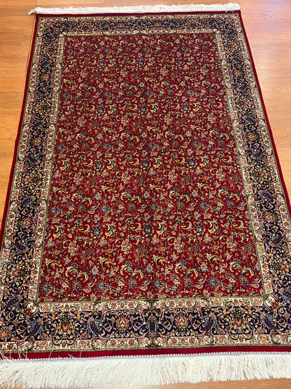 4x6 ft Silk Rug – Deep Red & Navy Floral Area Rug, Elegant Traditional Design with Intricate Botanical Details