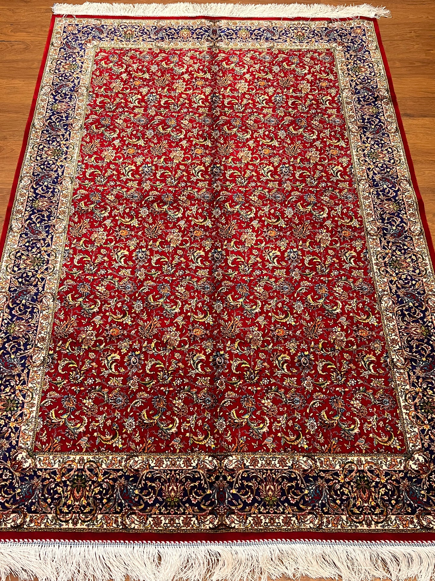4x6 ft Silk Rug – Deep Red & Navy Floral Area Rug, Elegant Traditional Design with Intricate Botanical Details