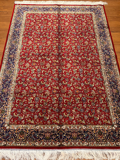 4x6 ft Silk Rug – Deep Red & Navy Floral Area Rug, Elegant Traditional Design with Intricate Botanical Details