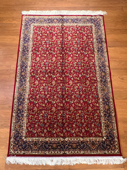 4x6 ft Silk Rug – Deep Red & Navy Floral Area Rug, Elegant Traditional Design with Intricate Botanical Details