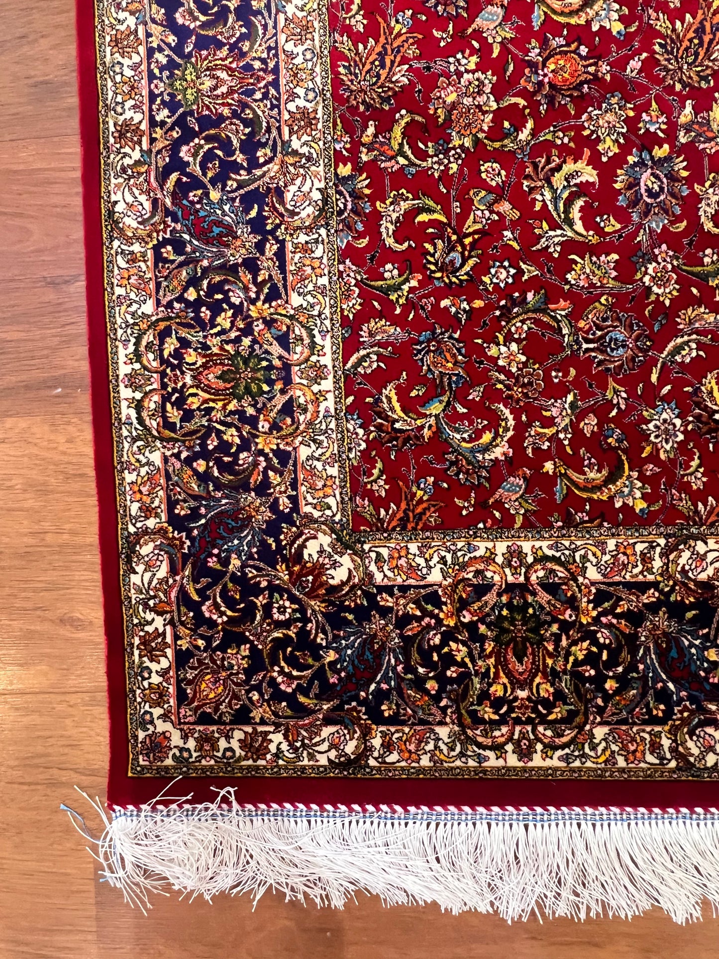 4x6 ft Silk Rug – Deep Red & Navy Floral Area Rug, Elegant Traditional Design with Intricate Botanical Details