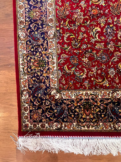 4x6 ft Silk Rug – Deep Red & Navy Floral Area Rug, Elegant Traditional Design with Intricate Botanical Details