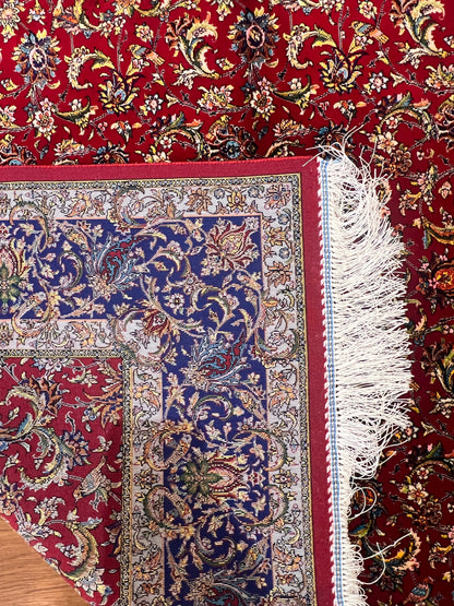 4x6 ft Silk Rug – Deep Red & Navy Floral Area Rug, Elegant Traditional Design with Intricate Botanical Details