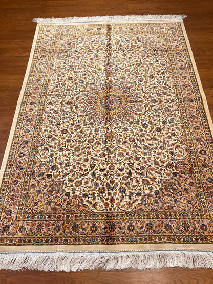 4x6 ft Silk Rug – Ivory & Cream Floral Medallion Area Rug with Elegant Multicolor Botanical Design